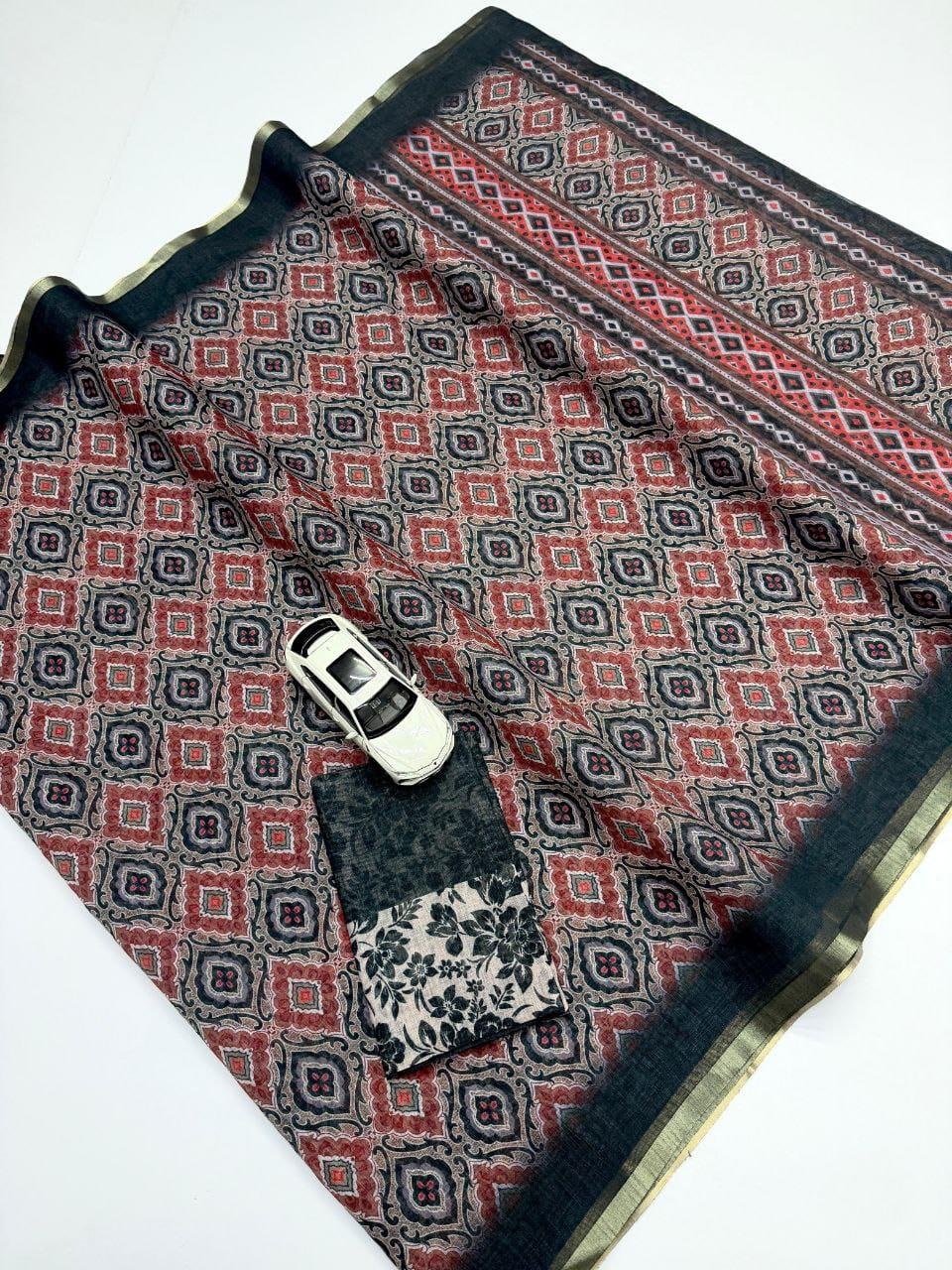 Soft Linen Cotton Coffee And Black Saree