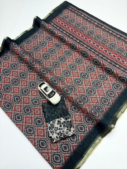 Soft Linen Cotton Coffee And Black Saree