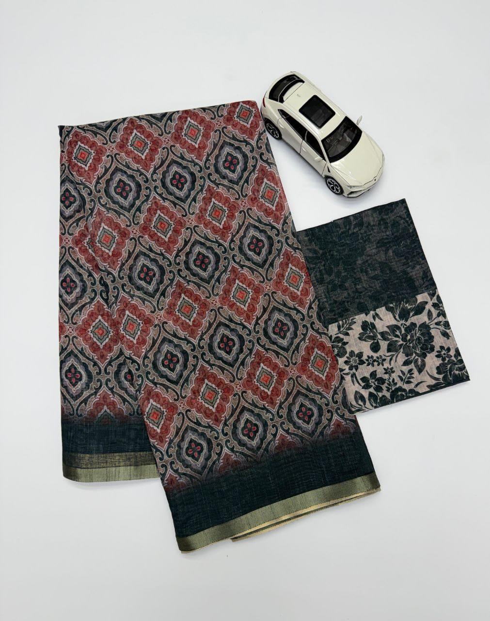 Soft Linen Cotton Coffee And Black Saree
