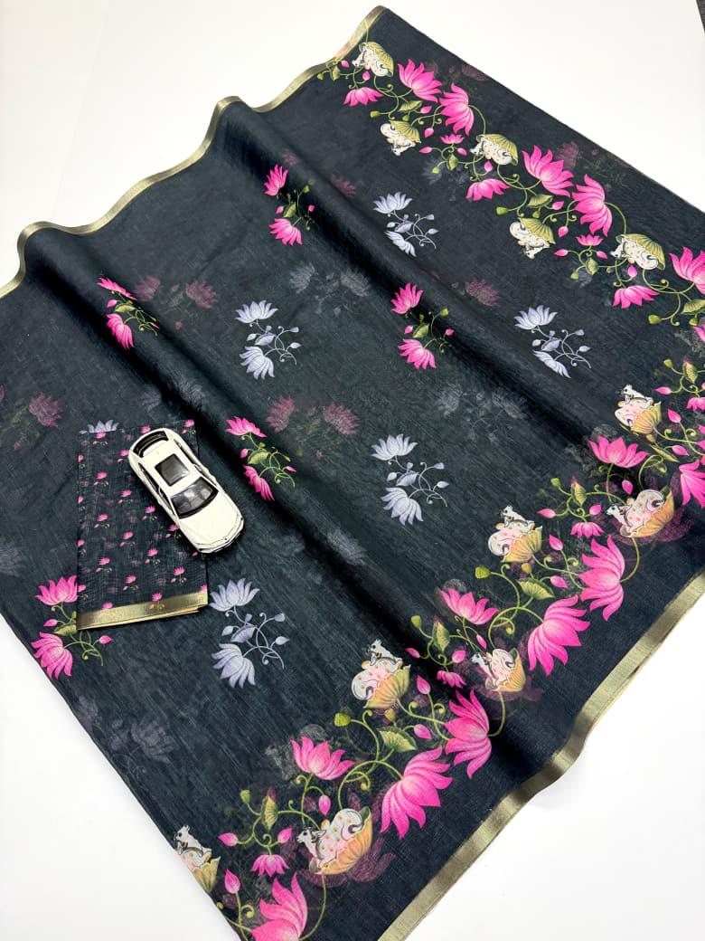 Black Color Printed Design Linen cotton Saree