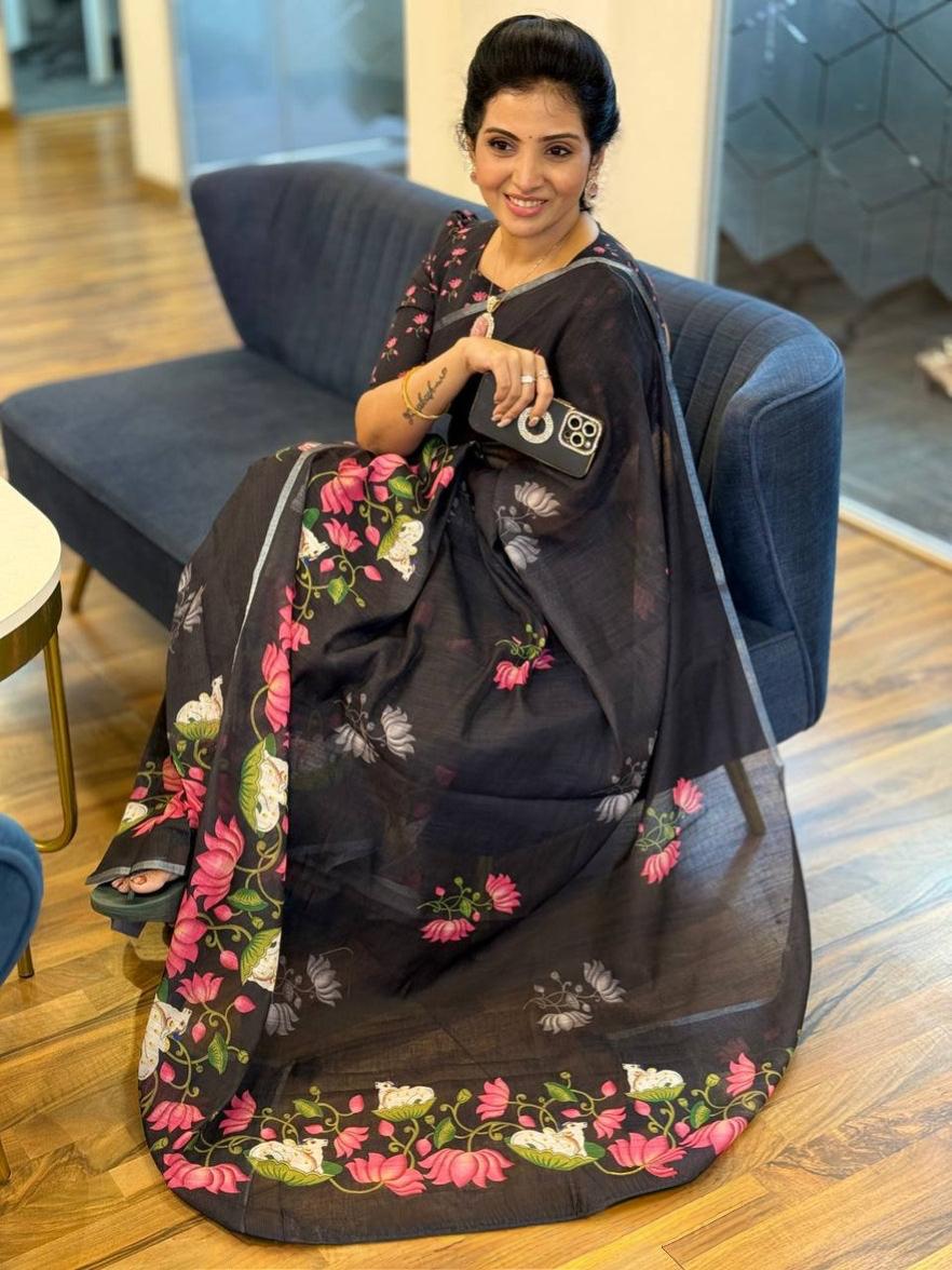 Black Color Printed Design Linen cotton Saree