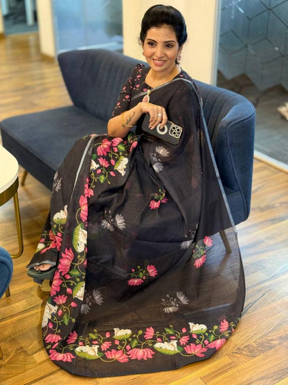 Black Color Printed Design Linen cotton Saree