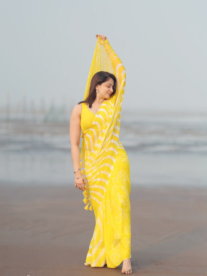 Yellow Leheriya Saree with Tassels