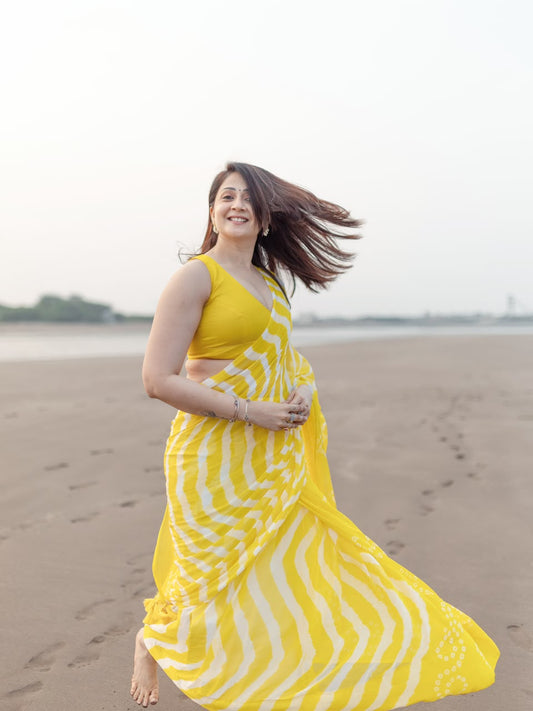 Yellow Leheriya Saree with Tassels