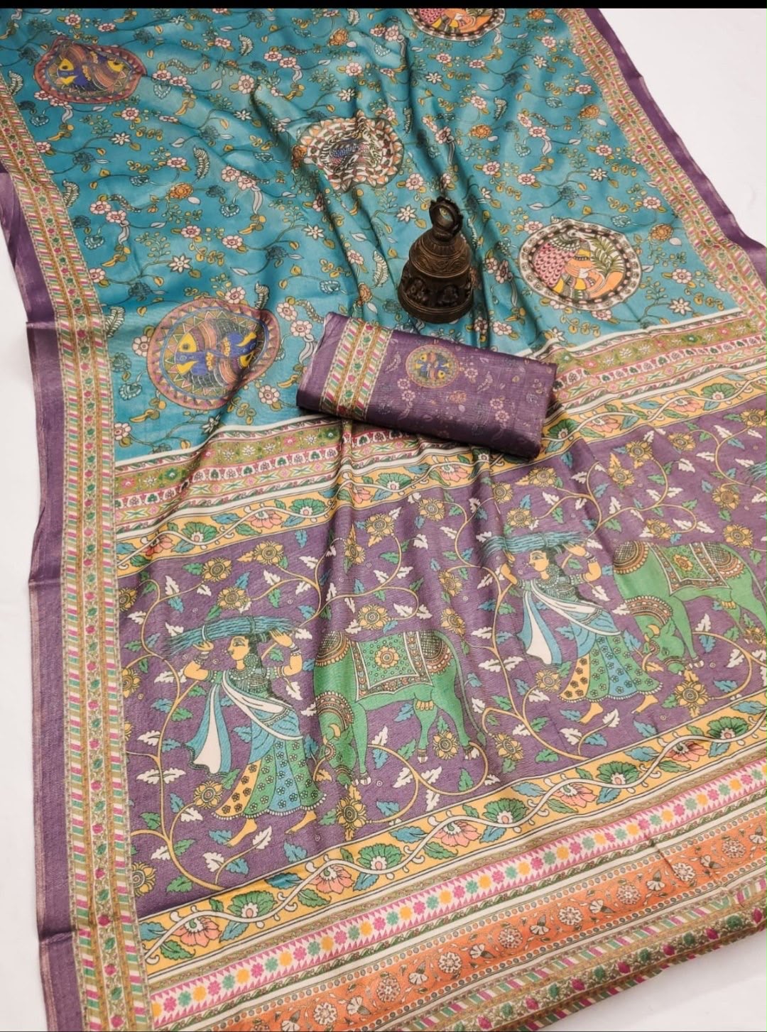Teal Blue Printed Linen Cotton Saree