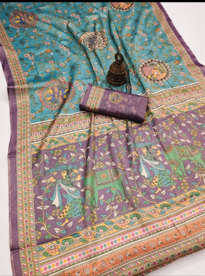 Teal Blue Printed Linen Cotton Saree