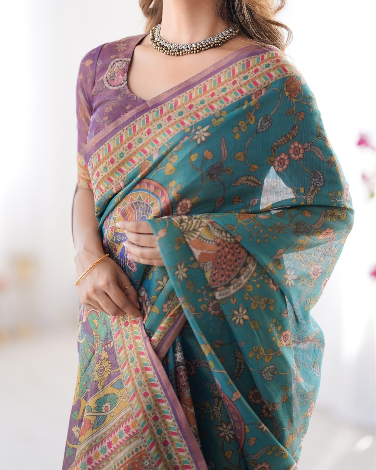 Teal Blue Printed Linen Cotton Saree