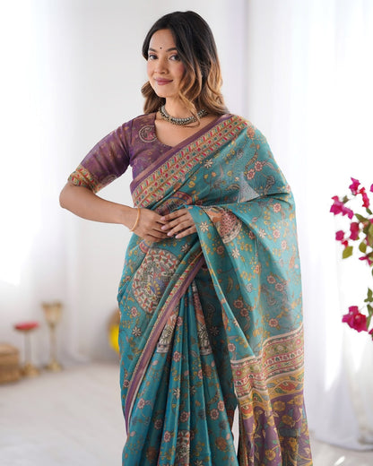Teal Blue Printed Linen Cotton Saree