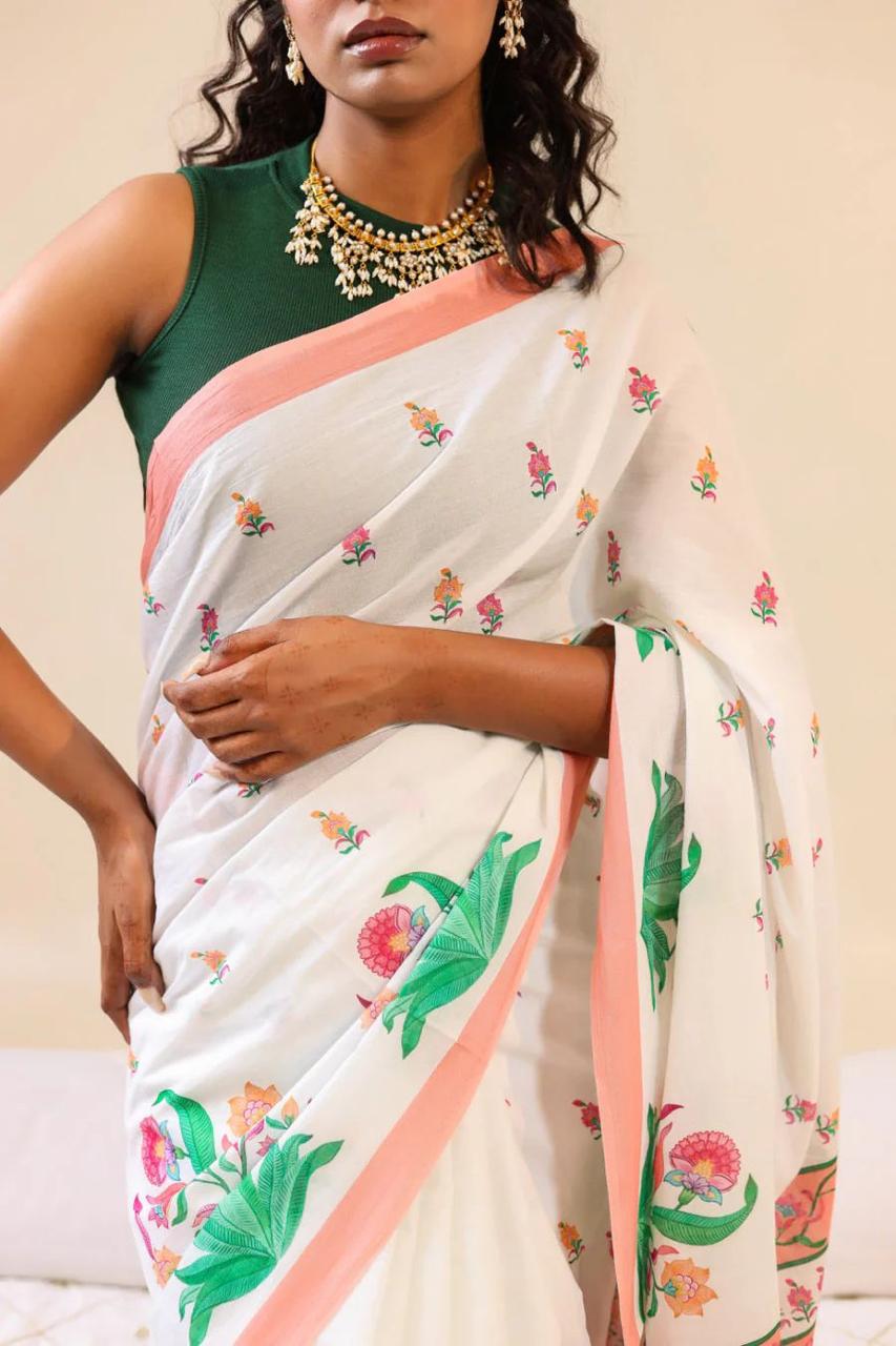 Floral Disign Linen Cotton Saree