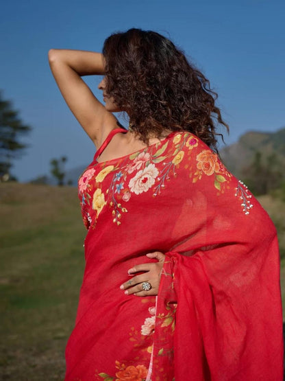 Red Coloor Flower Disign Linen Cotton Saree