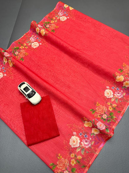 Red Coloor Flower Disign Linen Cotton Saree