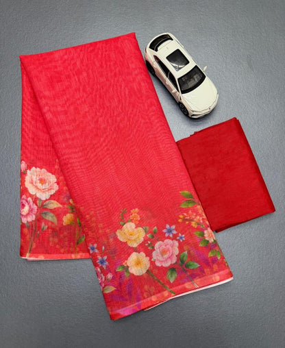 Red Coloor Flower Disign Linen Cotton Saree
