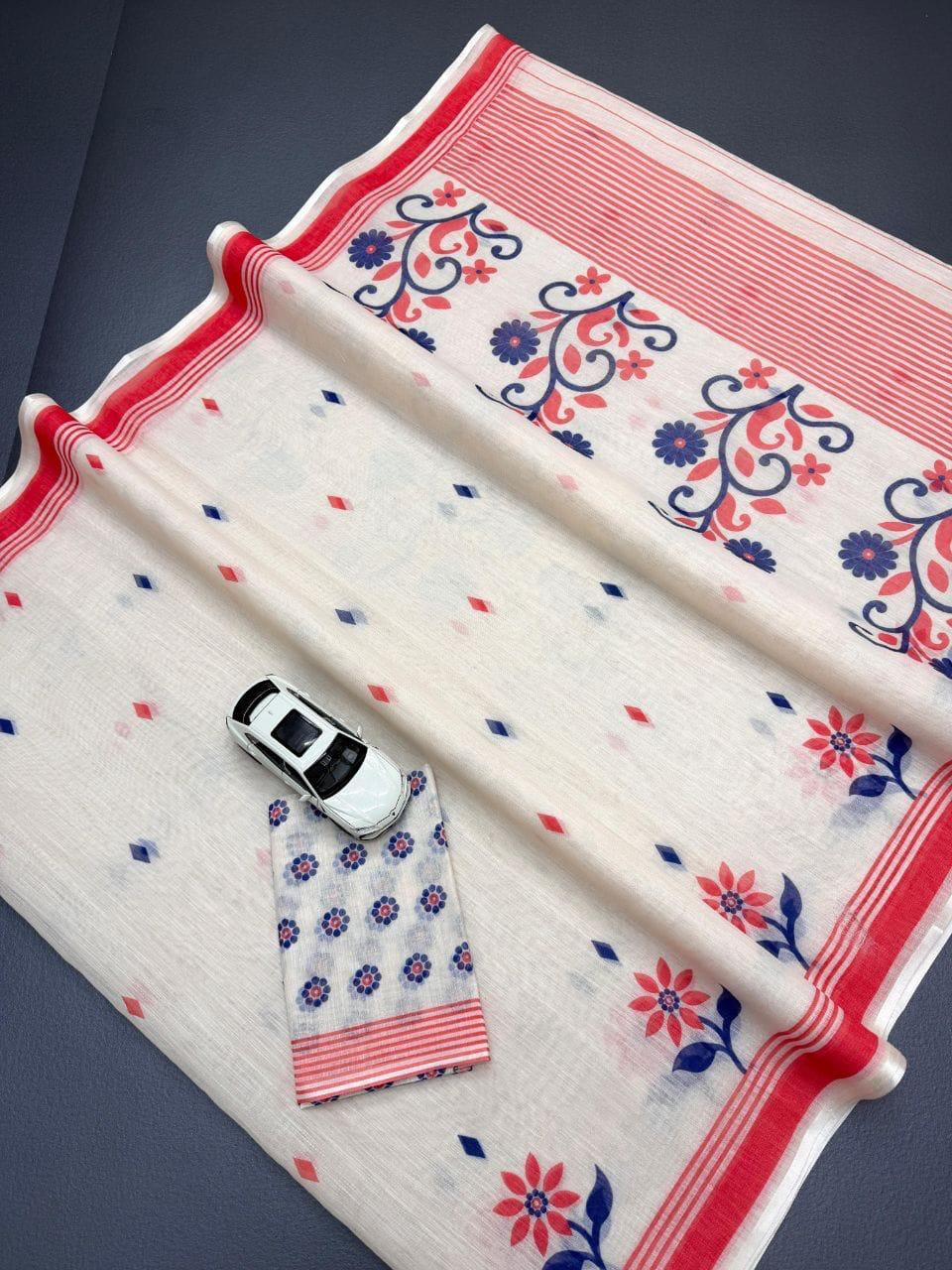 Folwer Print Linen Cotton Saree