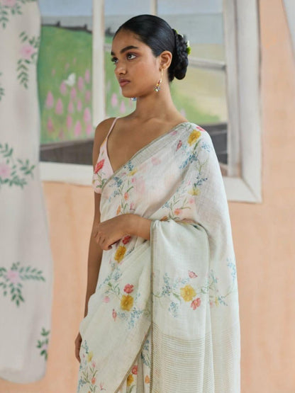 Flower Print Linen Cotton Saree