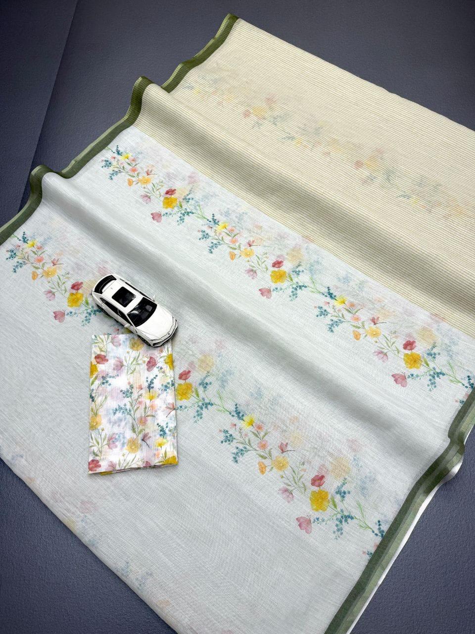 Flower Print Linen Cotton Saree
