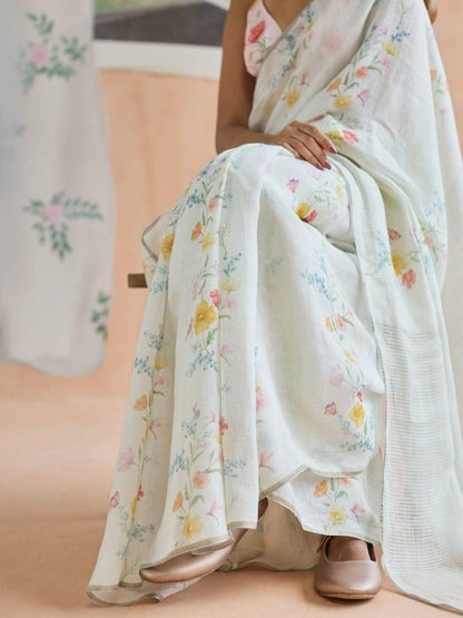 Flower Print Linen Cotton Saree