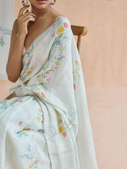 Flower Print Linen Cotton Saree