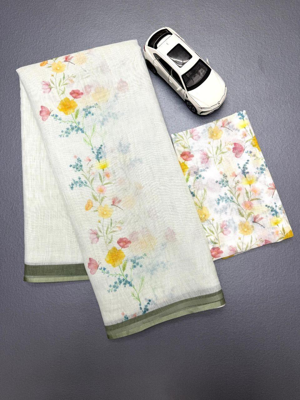 Flower Print Linen Cotton Saree