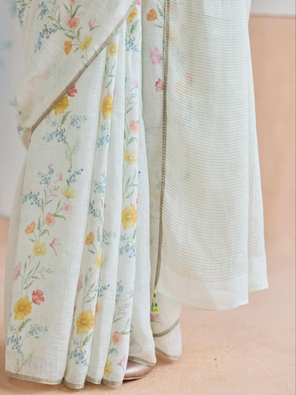 Flower Print Linen Cotton Saree