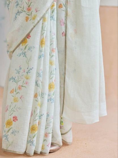 Flower Print Linen Cotton Saree