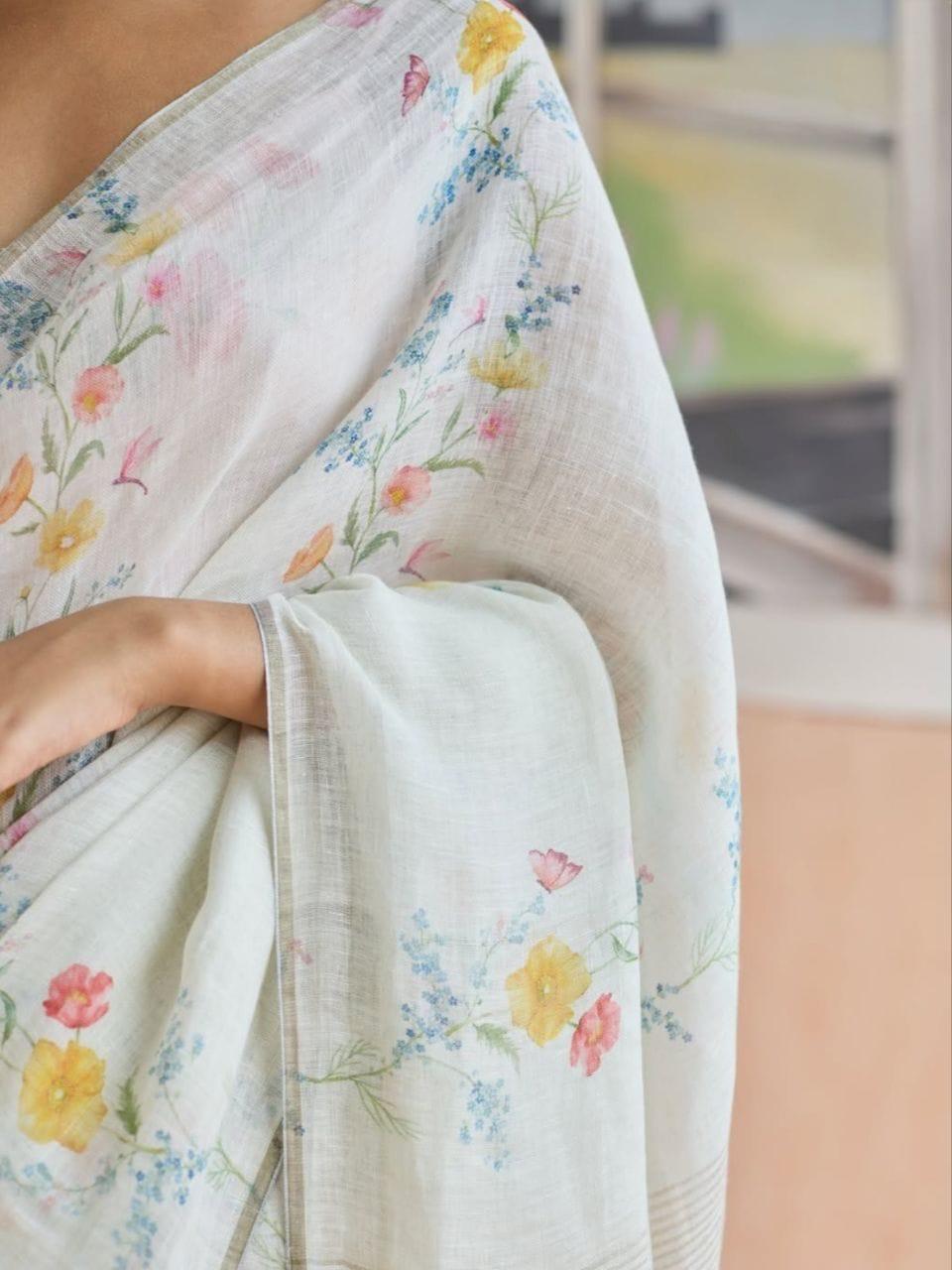 Flower Print Linen Cotton Saree