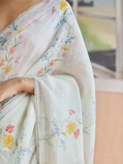 Flower Print Linen Cotton Saree