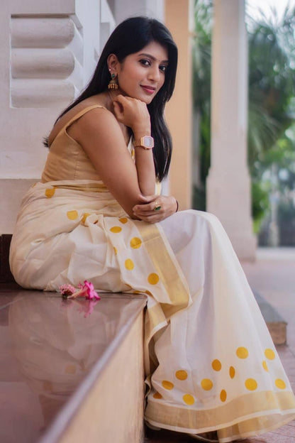 Golden Broder Yellow Round Ball Design Linen Cotton Saree