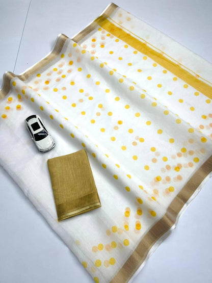 Golden Broder Yellow Round Ball Design Linen Cotton Saree