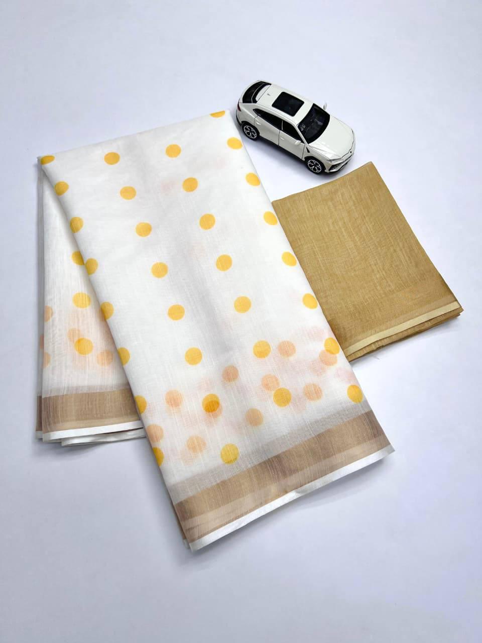 Golden Broder Yellow Round Ball Design Linen Cotton Saree