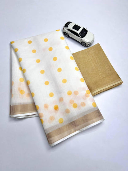 Golden Broder Yellow Round Ball Design Linen Cotton Saree