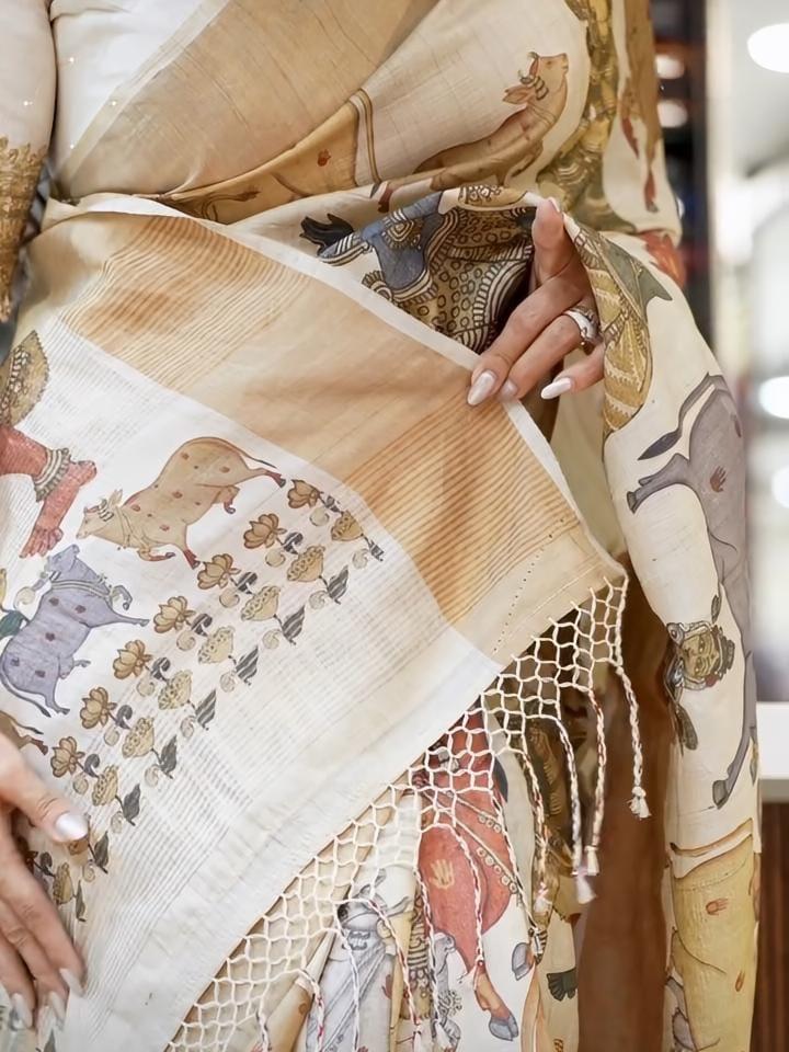 Golden Jari Broder Print Linen Cotton Saree