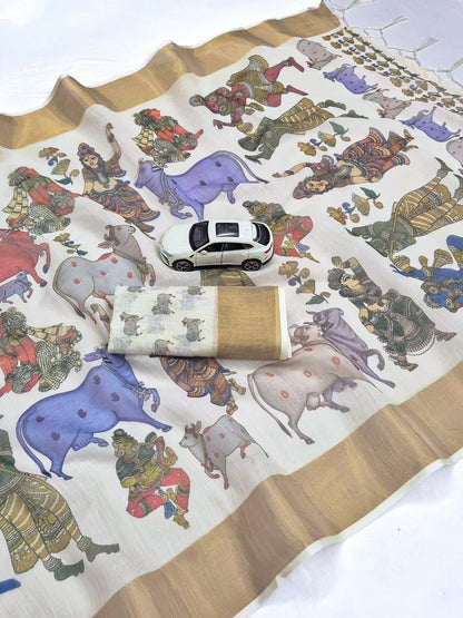Golden Jari Broder Print Linen Cotton Saree