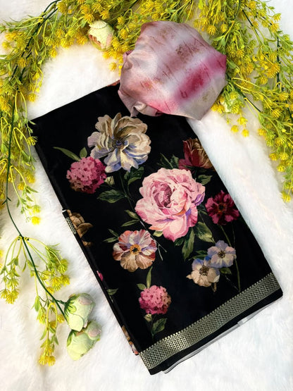Mul cotton Black Color Pink Flower Disgn Saree
