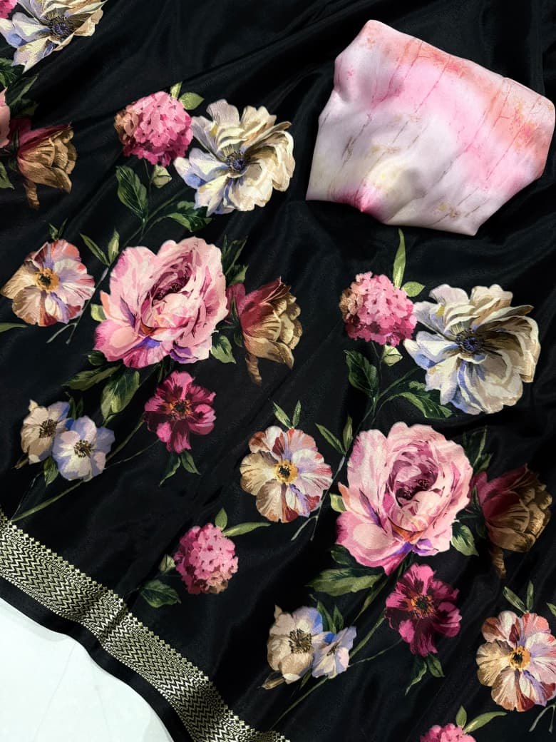 Mul cotton Black Color Pink Flower Disgn Saree