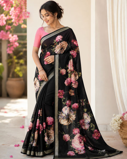 Mul cotton Black Color Pink Flower Disgn Saree