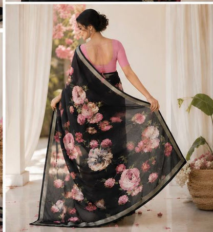 Mul cotton Black Color Pink Flower Disgn Saree