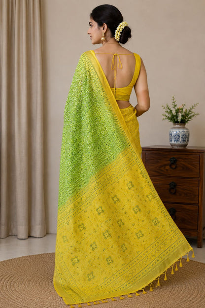 Yellow Bandhej Design Soft Saree