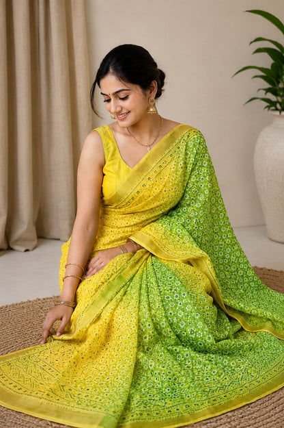 Yellow Bandhej Design Soft Saree