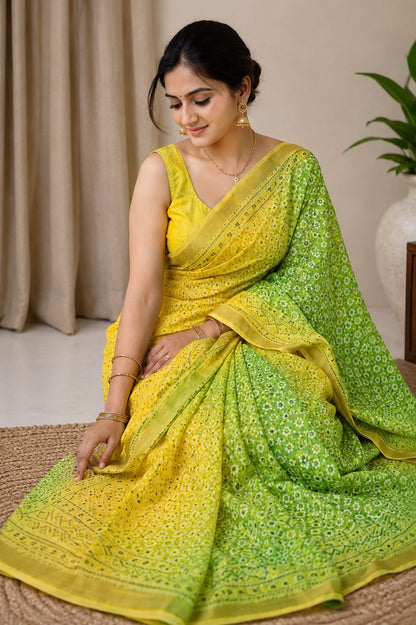 Yellow Bandhej Design Soft Saree