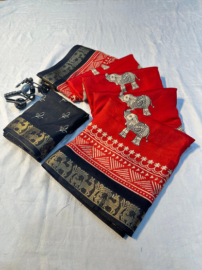 Red Ajrakh Handblock Saree | Heritage Meets Elegance