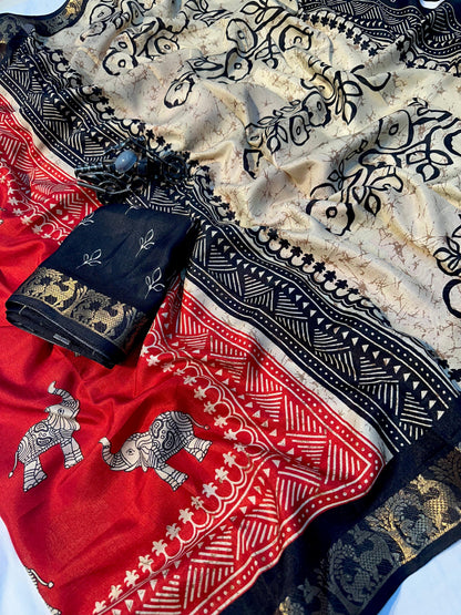 Red Ajrakh Handblock Saree | Heritage Meets Elegance