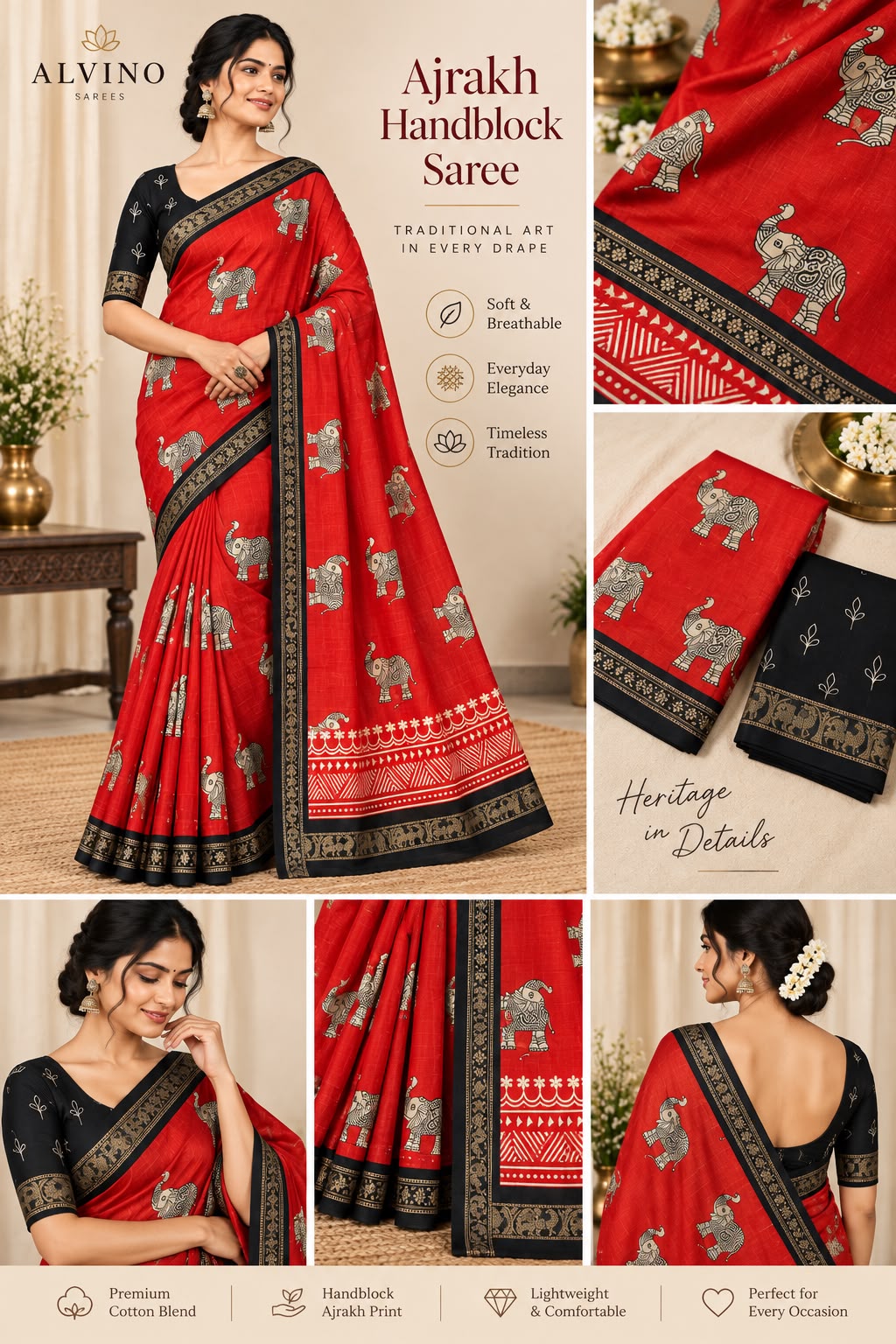 Red Ajrakh Handblock Saree | Heritage Meets Elegance