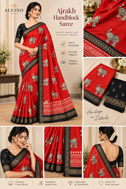 Red Ajrakh Handblock Saree | Heritage Meets Elegance