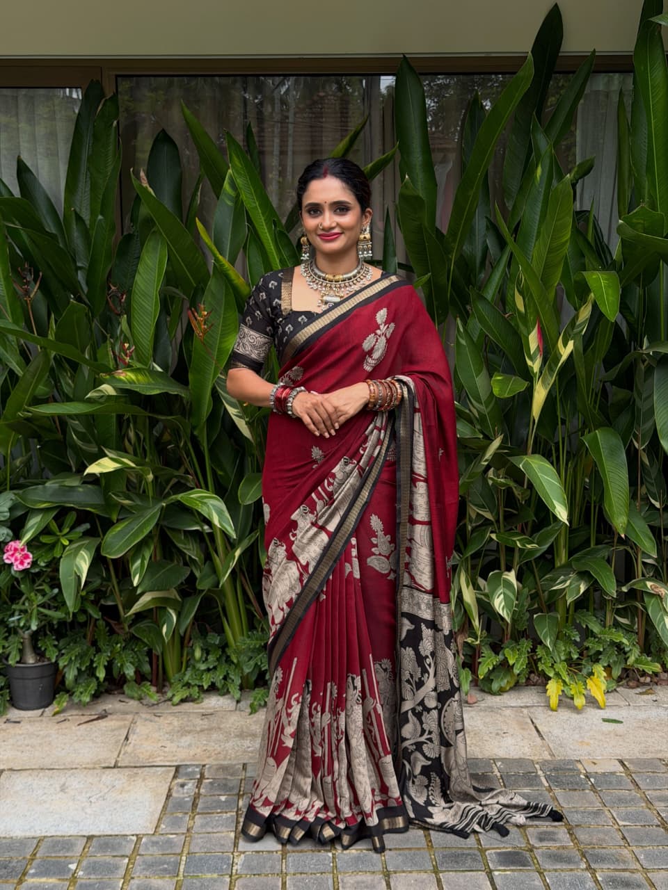 Royal Maroon Ajrakh Saree | Timeless Elegance