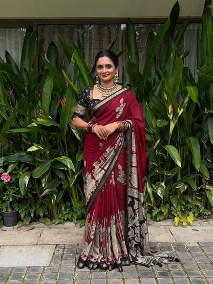 Royal Maroon Ajrakh Saree | Timeless Elegance