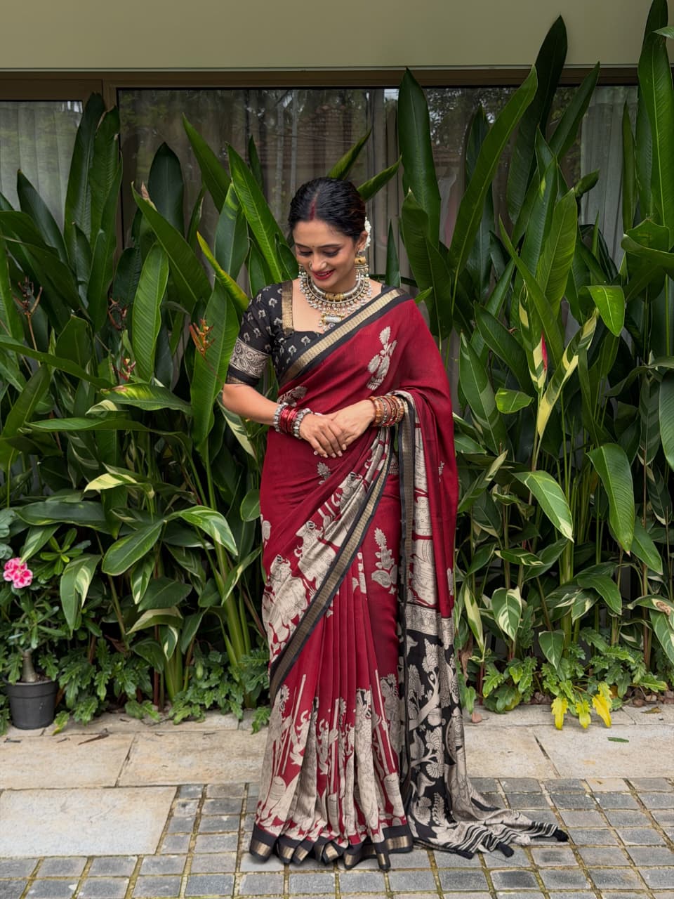 Royal Maroon Ajrakh Saree | Timeless Elegance