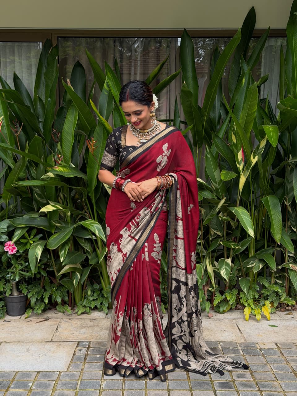 Royal Maroon Ajrakh Saree | Timeless Elegance