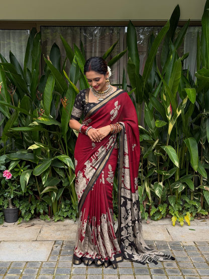 Royal Maroon Ajrakh Saree | Timeless Elegance