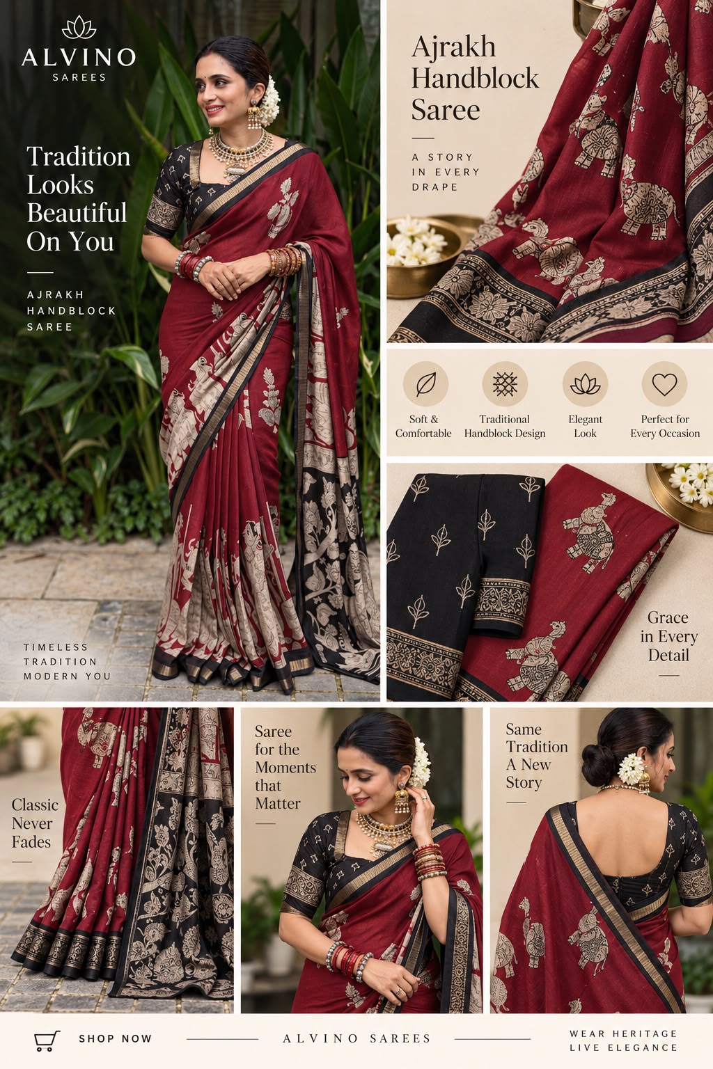 Royal Maroon Ajrakh Saree | Timeless Elegance