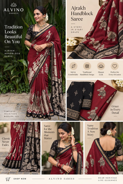 Royal Maroon Ajrakh Saree | Timeless Elegance